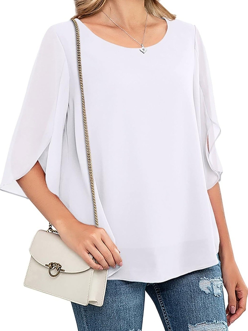 White Chiffon Tunic Top with Three-Quarter Sleeves